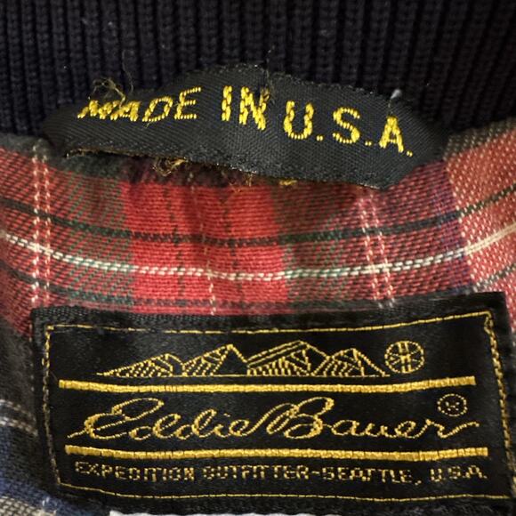 Vintage 90s Eddie Bauer Jacket Mens L Navy Harrington Bomber Plaid Thinsulate - Picture 4 of 6